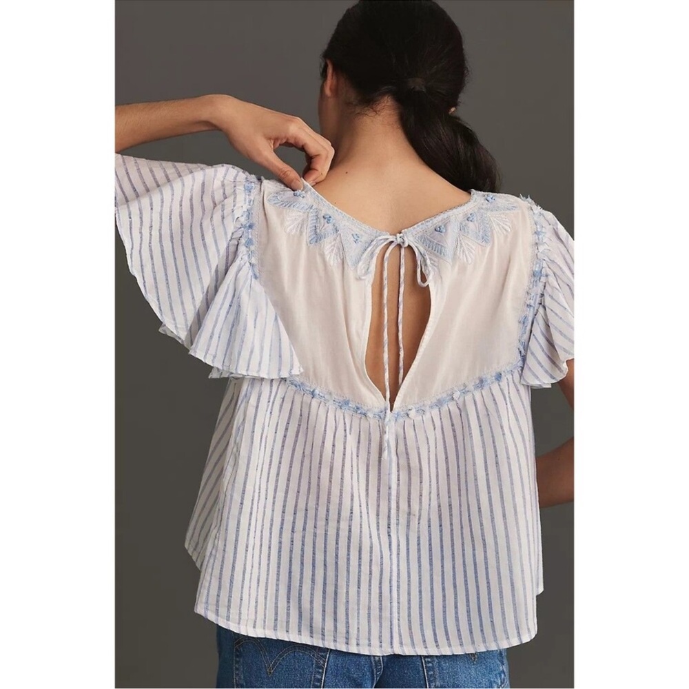 Anthropologie light Blue Striped Flutter Sleeve Embroidered Women’s Top xs - Picture 2 of 6